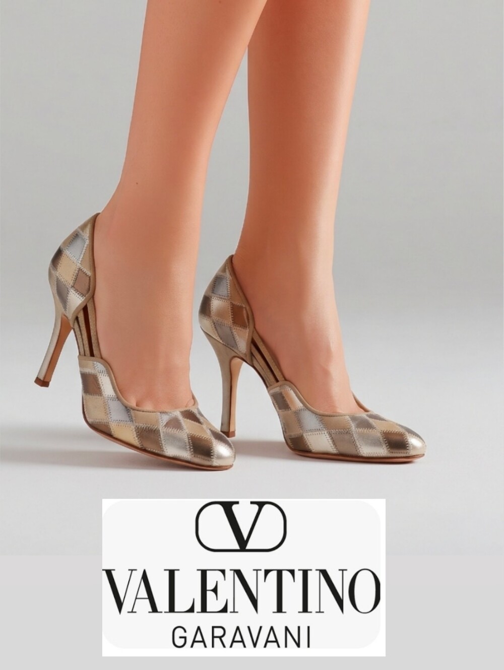 Valentino Womens 8.5 38.5 Italy Made Argyle Patch Metallic Leather Pumps Shoes
